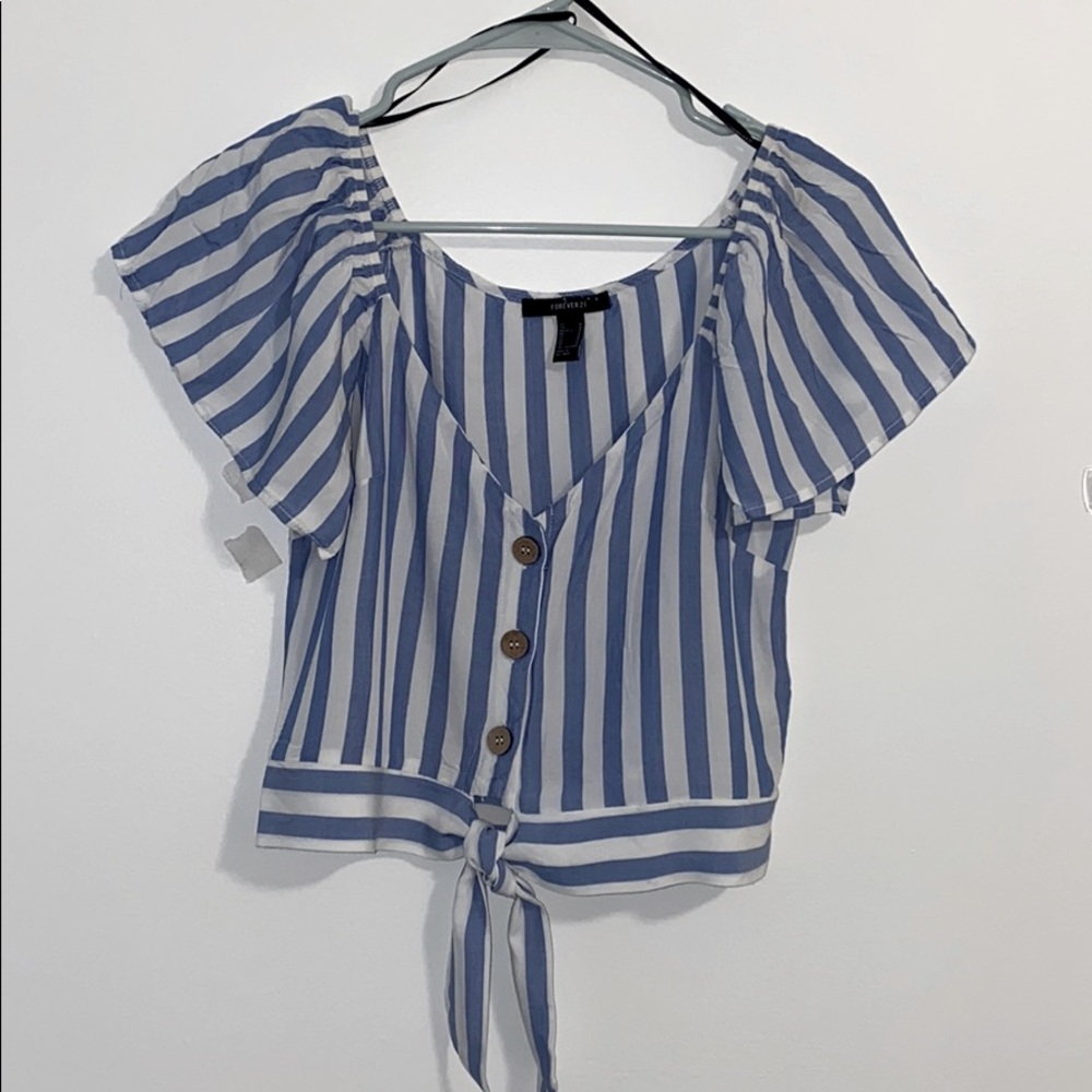 Off the shoulder white and blue stripped top